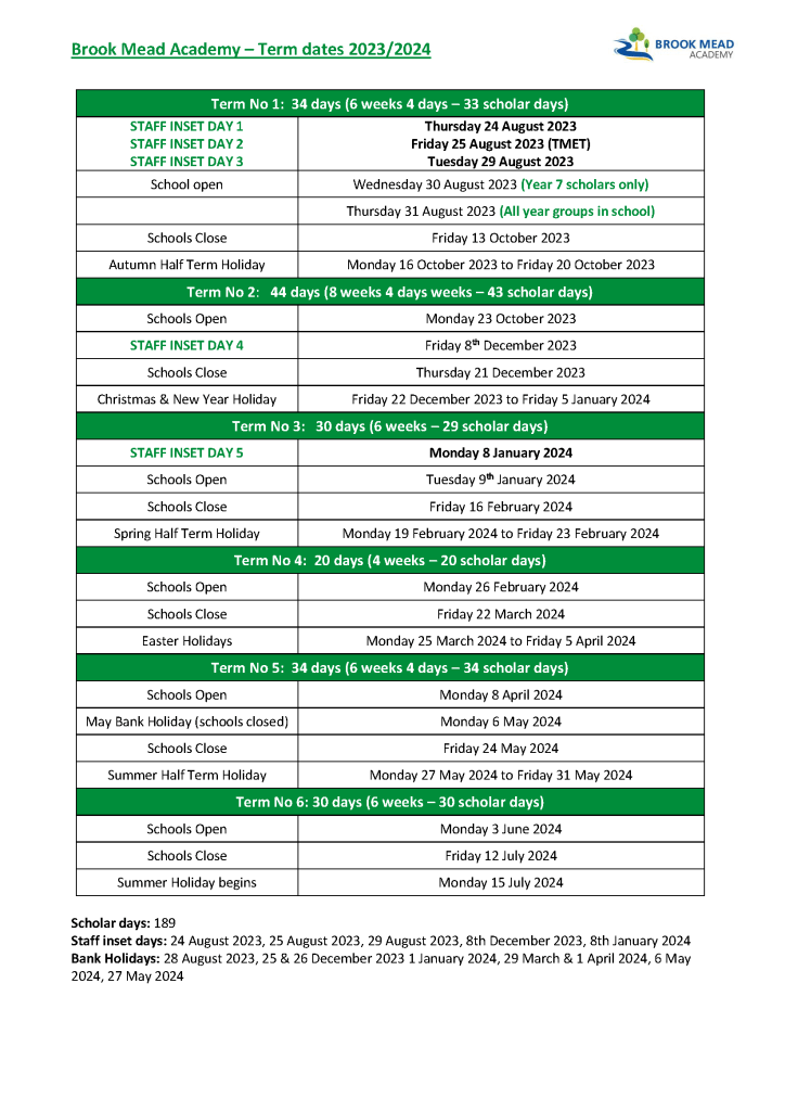 Term Dates – Brook Mead Academy | TMET Leicester MAT