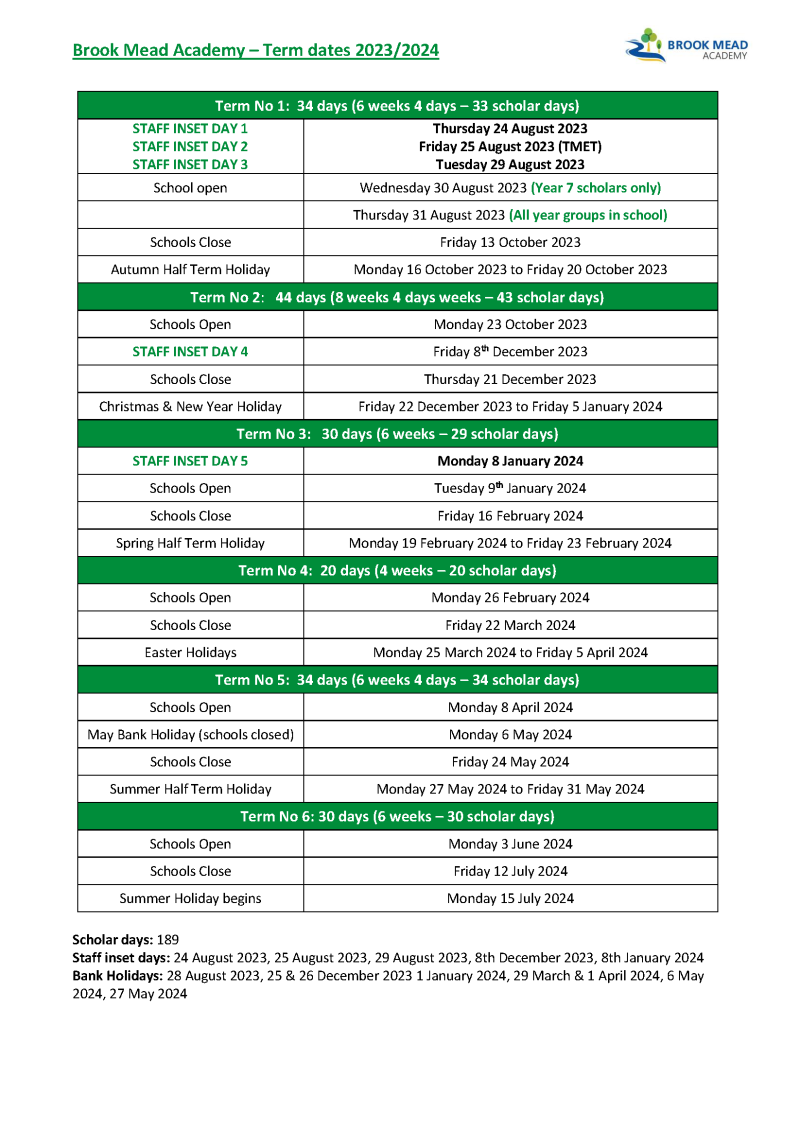 Term Dates Brook Mead Academy TMET Leicester MAT